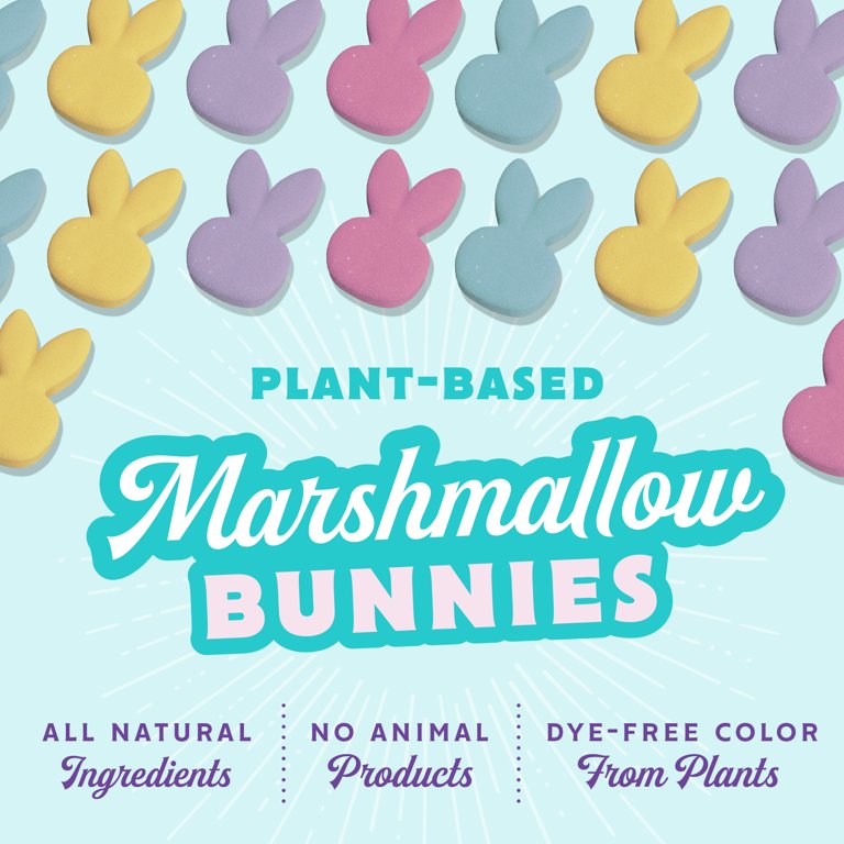 Plant-based GoodMallow vegan Peeps bunny marshmallows in pink, blue, and yellow packaging