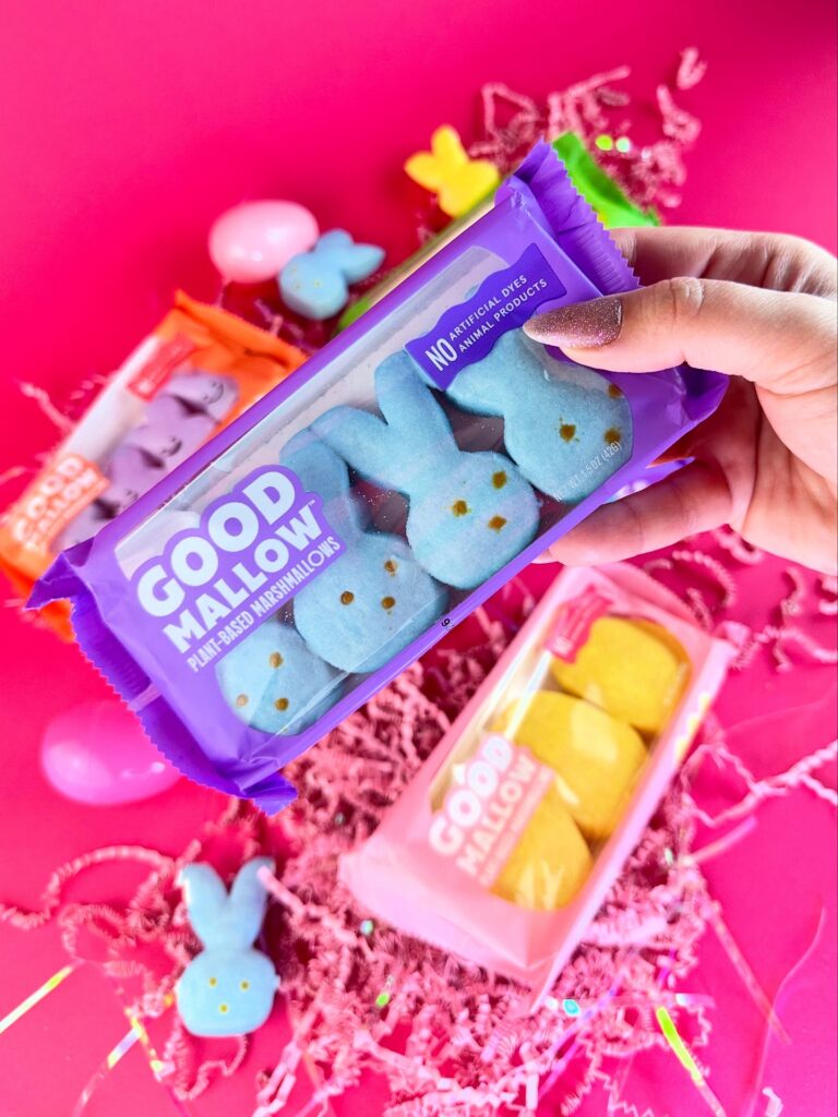 Plant-based GoodMallow vegan Peeps bunny marshmallows in pink, blue, and yellow packaging