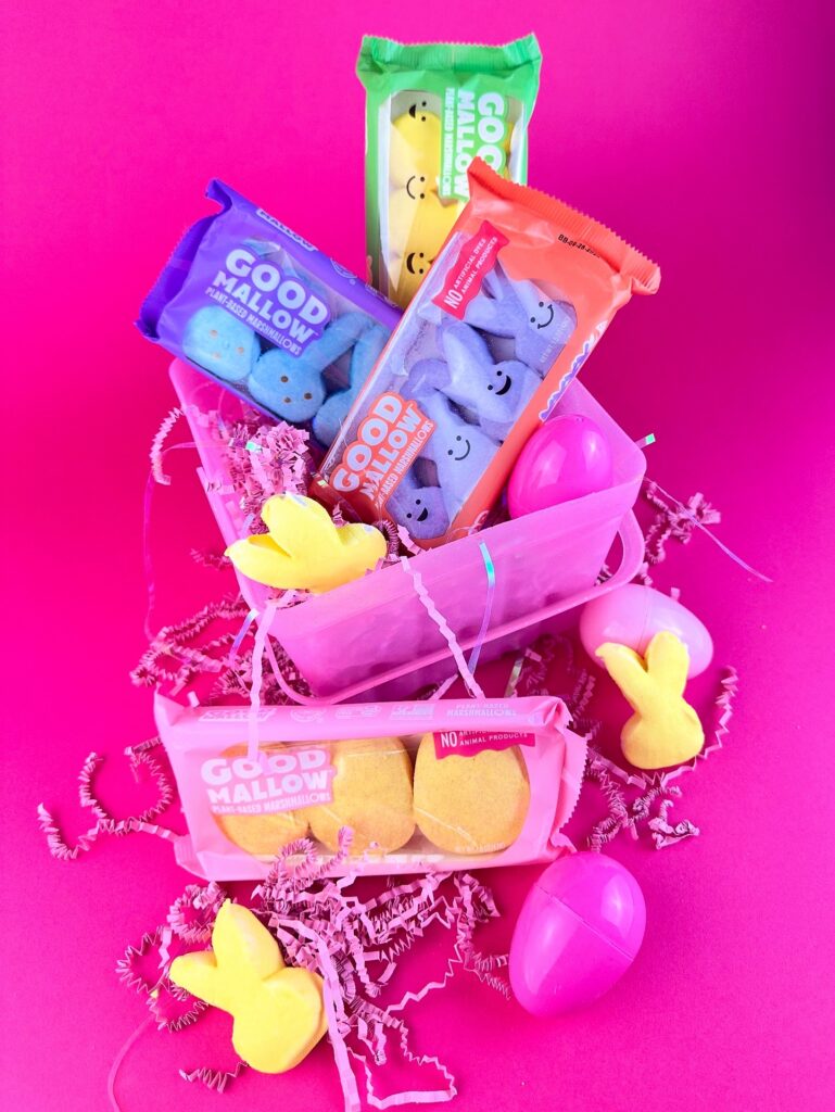 Plant-based GoodMallow vegan Peeps bunny marshmallows in pink, blue, and yellow packaging