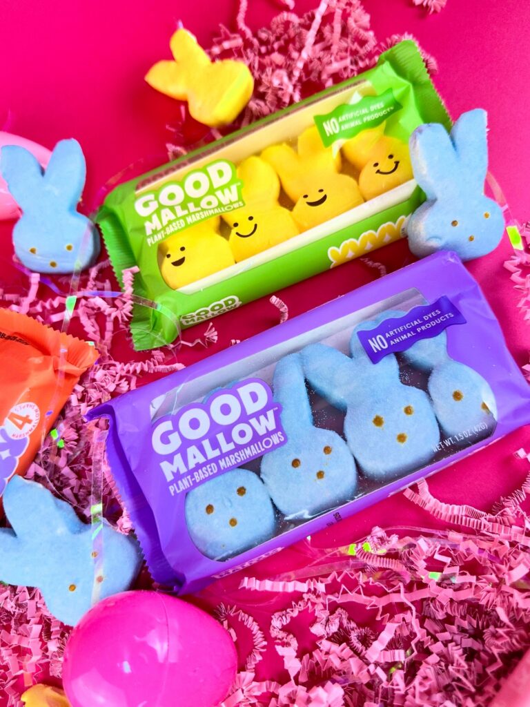Plant-based GoodMallow vegan Peeps bunny marshmallows in pink, blue, and yellow packaging