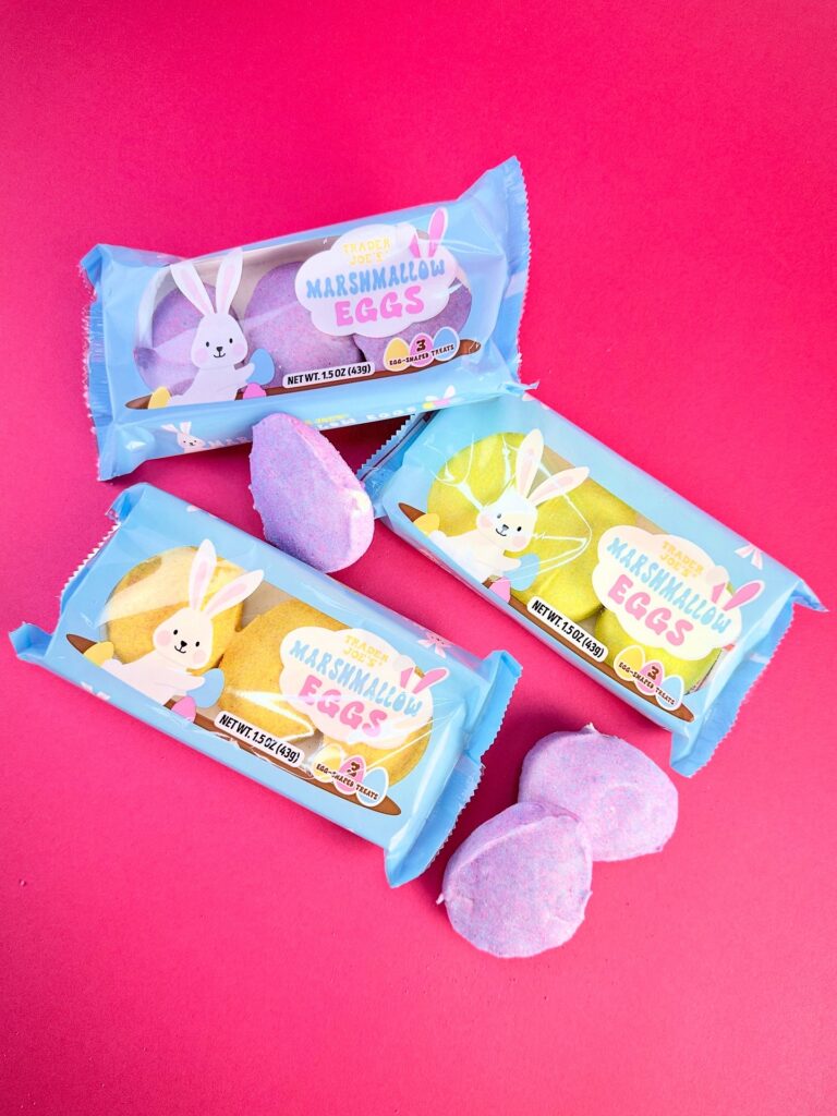 Package of Trader Joe’s Marshmallow Eggs, pastel-colored vegan marshmallow treats shaped like eggs.