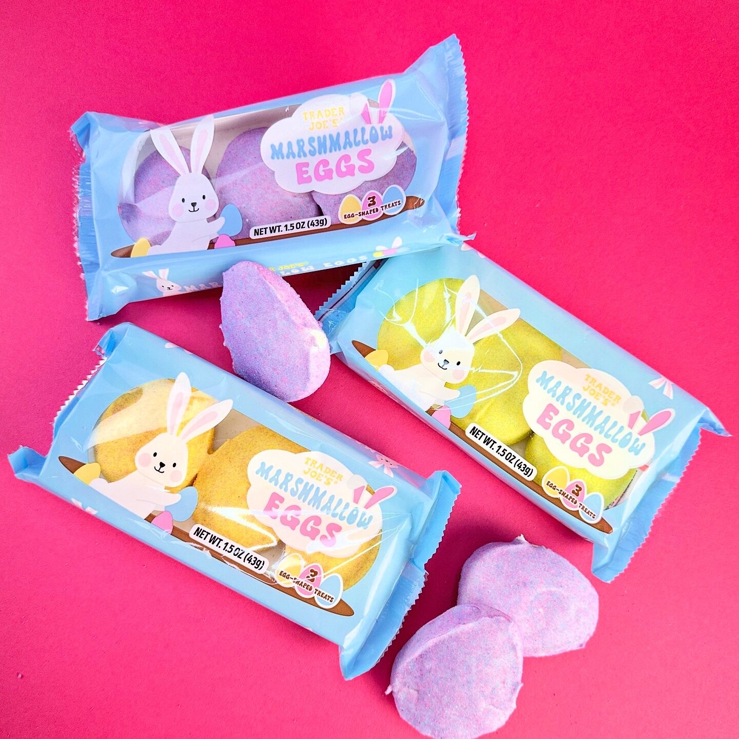 Package of Trader Joe’s Marshmallow Eggs, pastel-colored vegan marshmallow treats shaped like eggs.