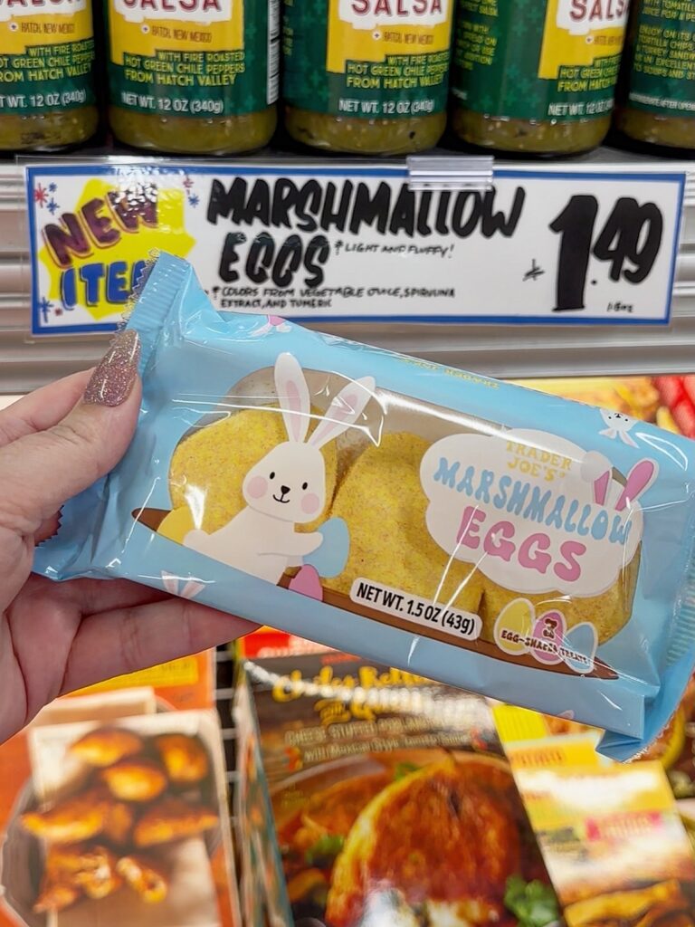 Package of Trader Joe’s Marshmallow Eggs, pastel-colored vegan marshmallow treats shaped like eggs.