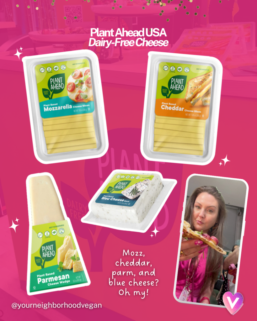 Plant Ahead USA dairy-free mozzarella cheddar parmesan and blue cheese sampled at Natural Products Expo West 2026