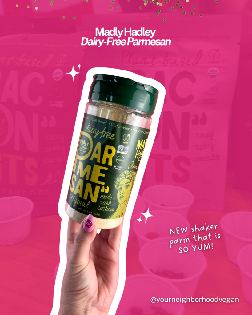 Madly Hadley dairy-free vegan shaker parmesan cheese and bacon bits sampled at Expo West 2026