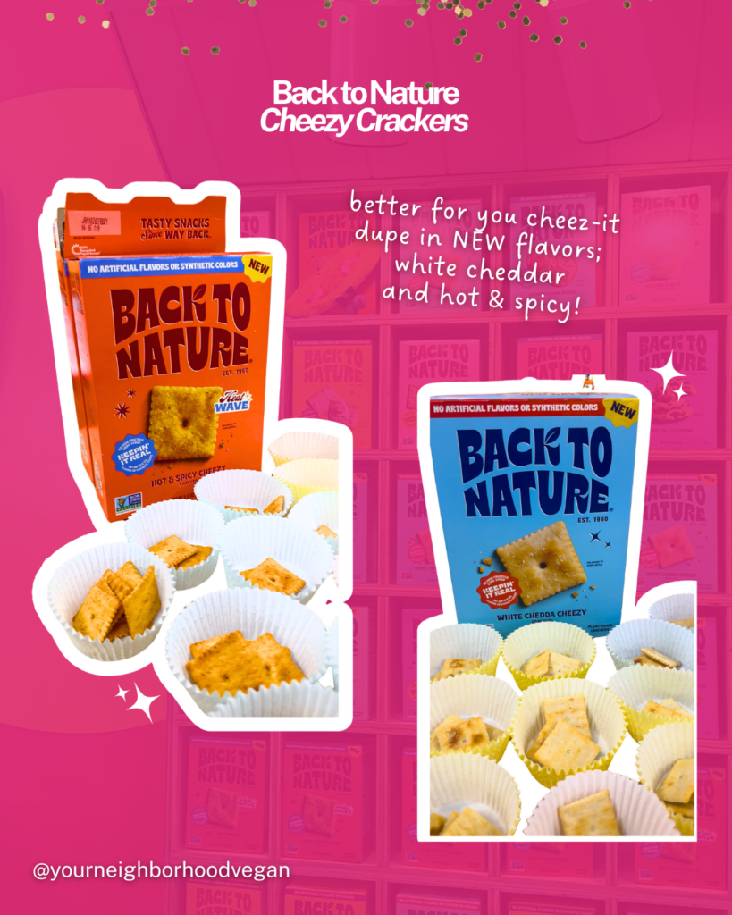 Vegan cheez-it style crackers called Cheezy Crackers by Back to Nature in white cheddar and spicy flavors