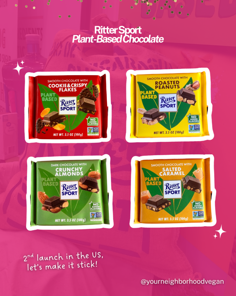 Ritter Sport plant-based chocolate bars in cookie crisp roasted peanut crunchy almond and salted caramel flavors