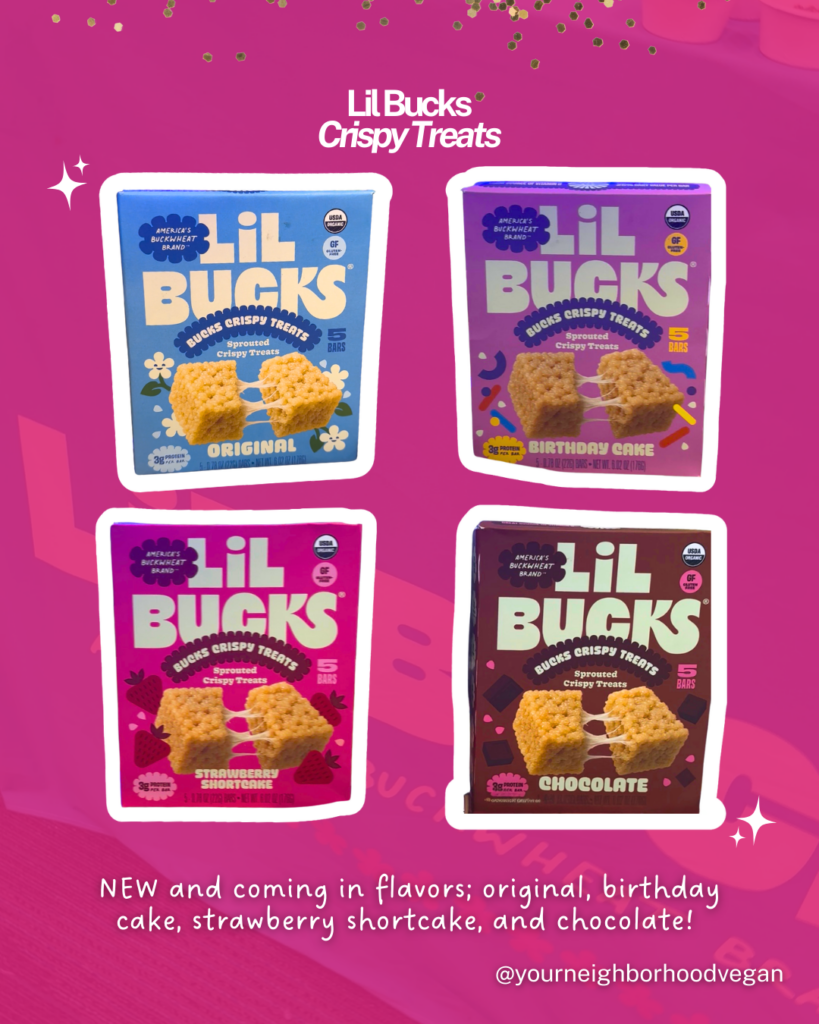 Lil Bucks vegan and gluten-free crispy snack treats in birthday cake strawberry shortcake and chocolate flavors