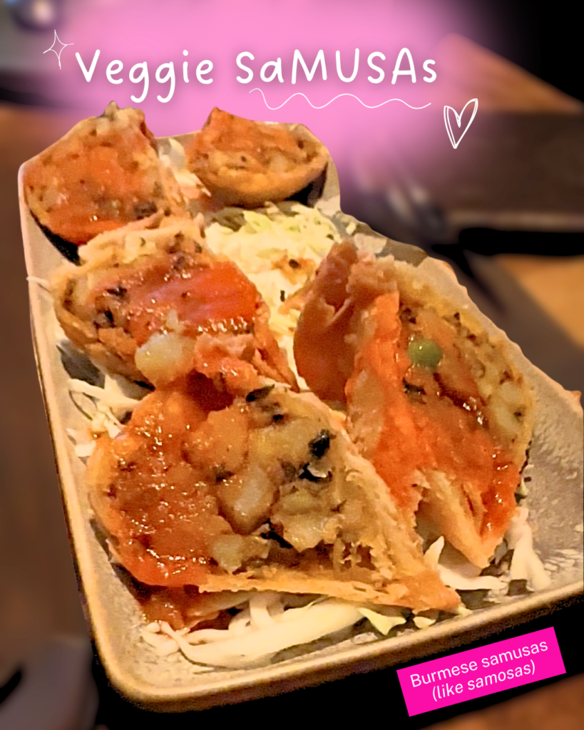 Burmese vegetarian samosas at Burma Love filled with curried potatoes and peas, served with dipping sauce