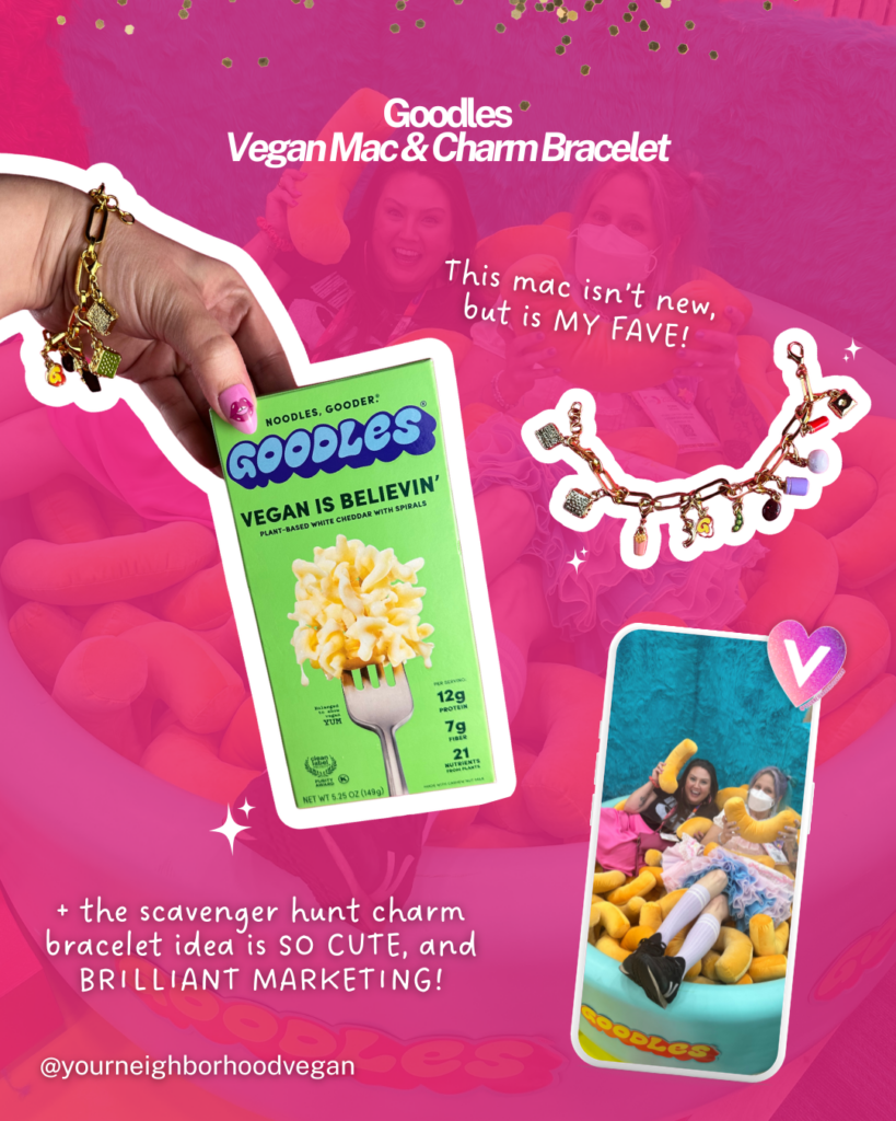 Goodles vegan mac and cheese white cheddar flavor and charm bracelet scavenger hunt experience at Expo West