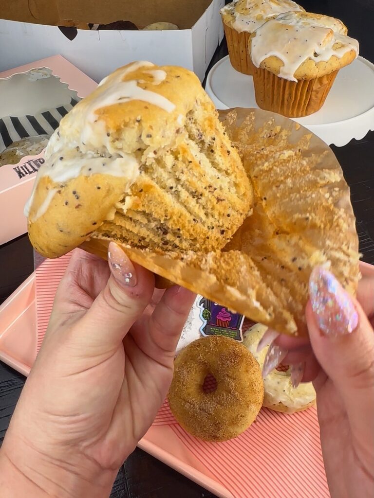 lemon poppyseed vegan muffin broken open from killer sweets modesto