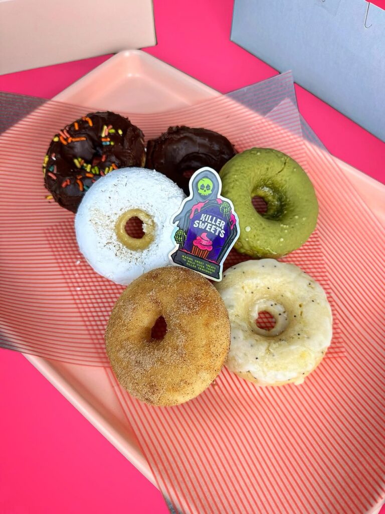 vegan donuts modesto killer sweets assorted flavors on pink tray