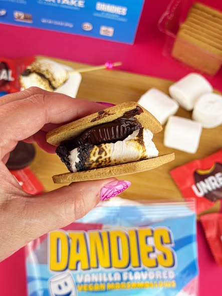 Hand holding a vegan peanut butter cup s’more made with melted Dandies marshmallows, graham crackers, and a chocolate peanut butter cup in front of bright pink background and s’mores kit ingredients.