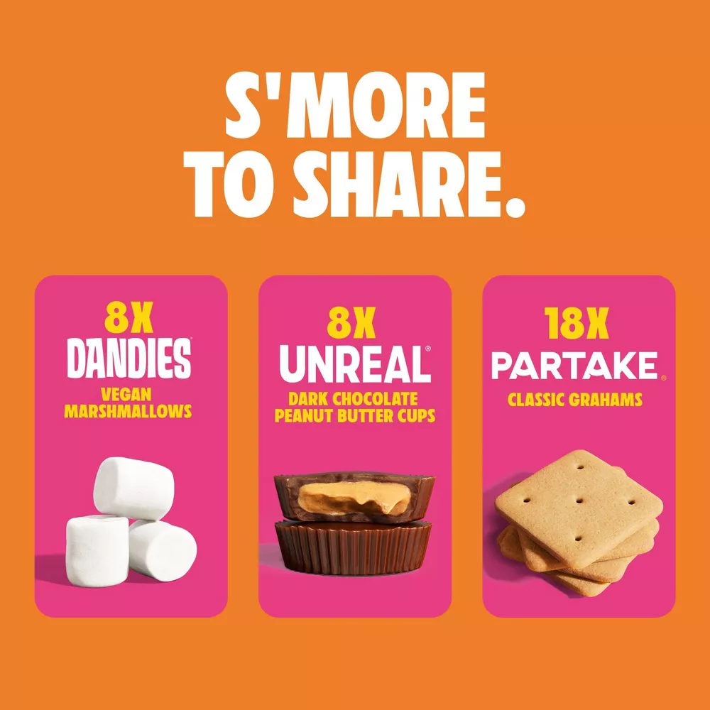 Graphic showing the contents of a vegan peanut butter cup s’mores kit with “S’More to Share” text above ingredient counts including 8 Dandies vegan marshmallows, 8 Unreal dark chocolate peanut butter cups, and 18 Partake classic grahams on an orange and pink background