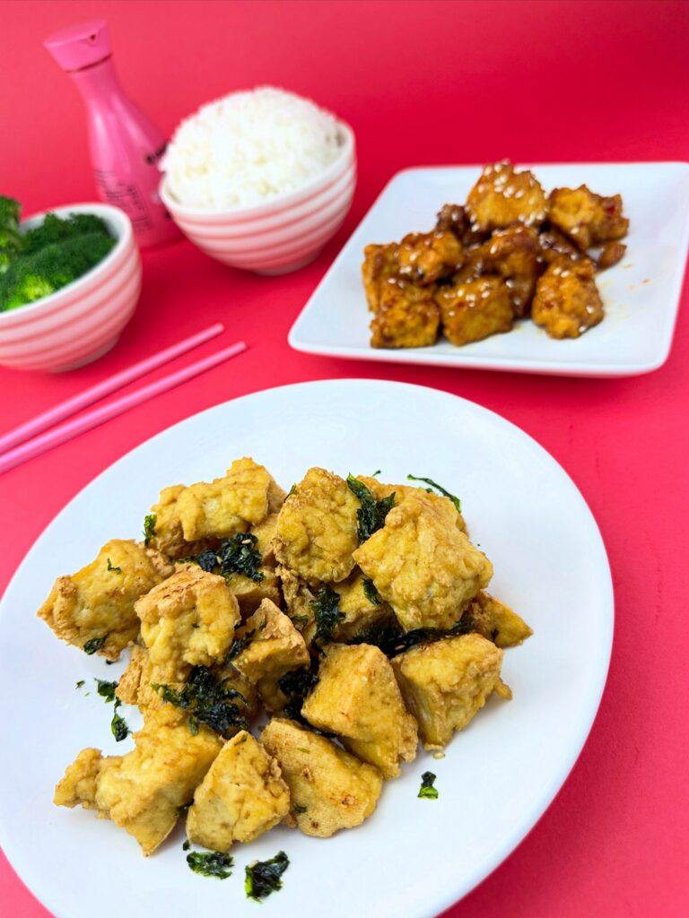 Blackbird Foods Original Crispy Tofu and General Tso's Crispy Tofu served with white rice and steamed broccoli.