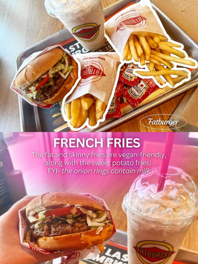 Vegan Fatburger meal featuring an Impossible Burger, fat fries, skinny fries, vegan milkshake, and ketchup packets.