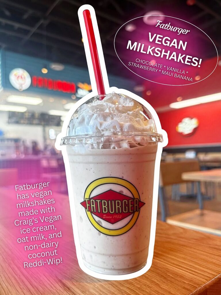Vegan vanilla milkshake from Fatburger made with Craig's Vegan ice cream, oat milk, and dairy-free whipped topping.