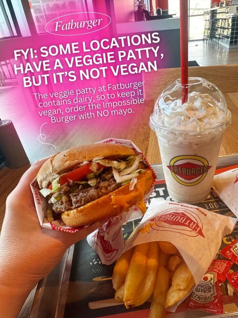 Vegan meal at Fatburger with Impossible Burger, fries, and vegan milkshake highlighting that the alternative veggie patty contains dairy.