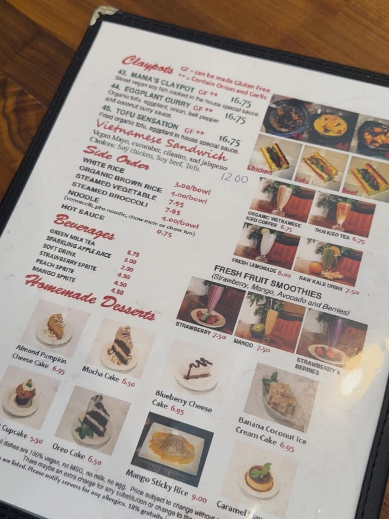 Blossom Vegan menu page featuring vegan sandwiches, side dishes, beverages, smoothies, and dessert options.
