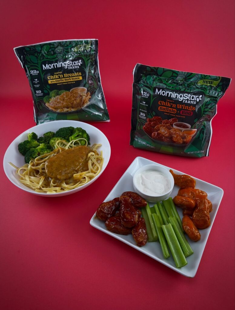 MorningStar Farms Chik'n Breast and Buffalo and BBQ Chik'n Wings displayed together with prepared serving suggestions.