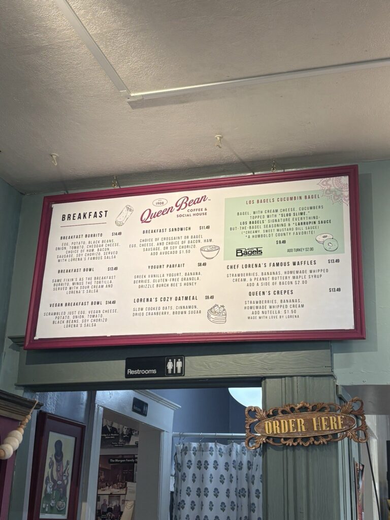 Queen Bean Coffee and Social House breakfast and drink menus in Modesto