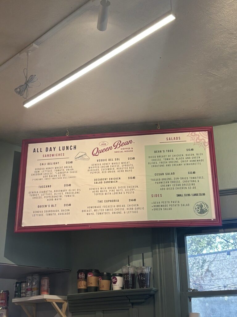 Queen Bean Coffee and Social House breakfast and drink menus in Modesto