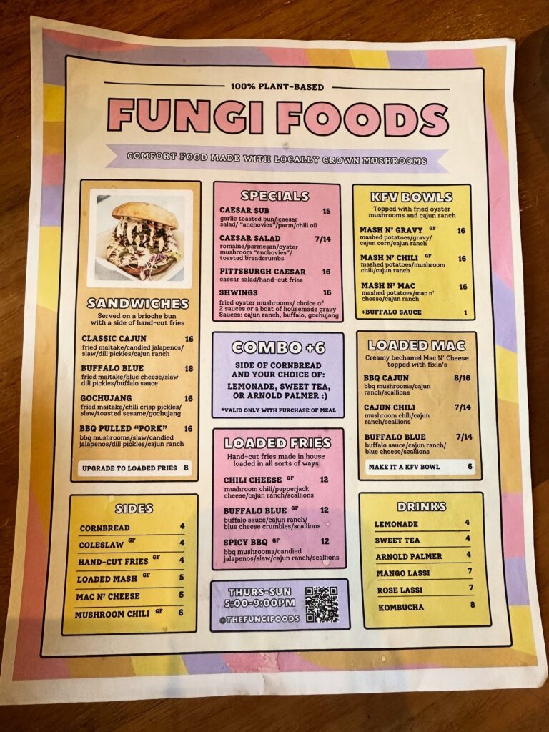Fungi Foods Oakland restaurant menu featuring vegan mushroom sandwiches, bowls, sides and other plant-based dishes.