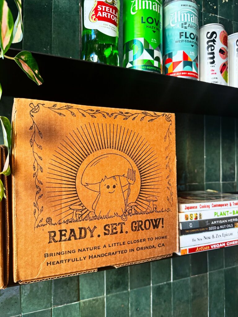 Ready, Set, Grow mushroom grow kit displayed for sale at Fungi Foods in Oakland.
