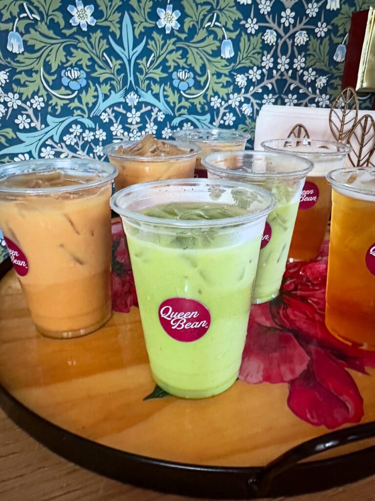 Assorted coffee and matcha drinks at Queen Bean Coffee and Social House in Modesto