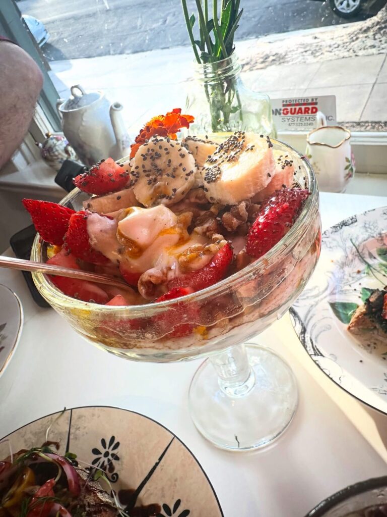 Vegan Sunrise Parfait with coconut yogurt, chia seeds and fresh fruit at Alchemist Café in Modesto