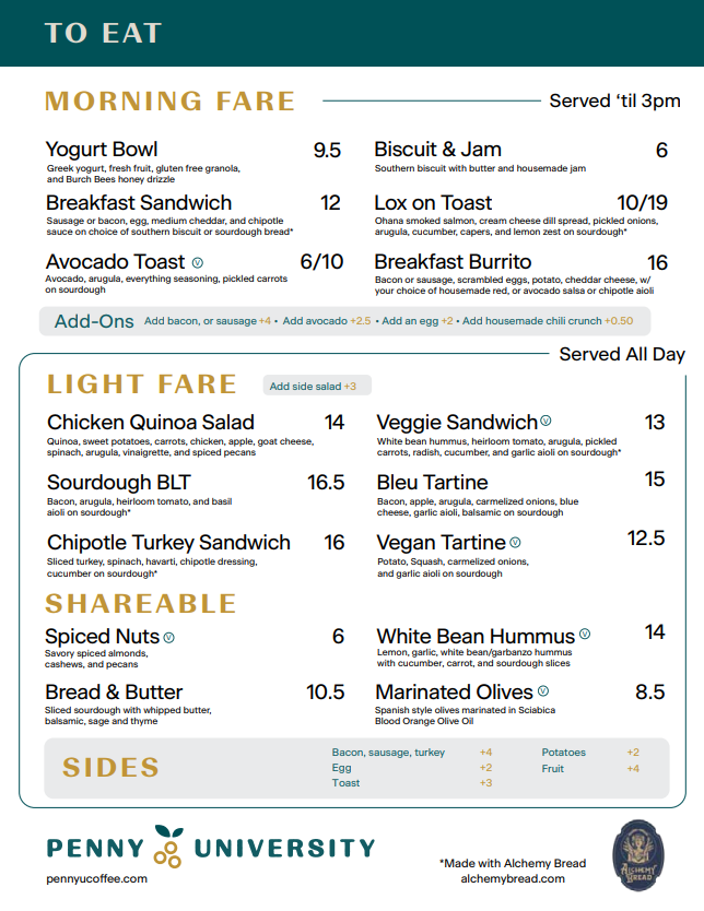 Penny University Coffee food menu featuring vegan breakfast and all-day options