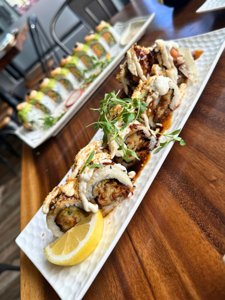 Pacifica Roll with tempura vegetables, garlic aioli and sweet soy sauce at Tane Vegan Izakaya