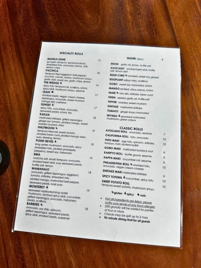 Tane Vegan Izakaya Berkeley menu featuring vegan sushi, nigiri, ramen and Japanese dishes