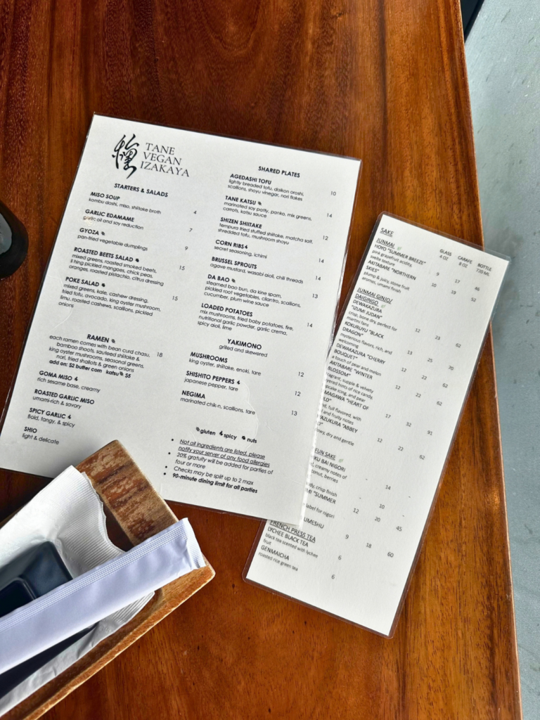 Vegan sushi and Japanese food menus at Tane Vegan Izakaya in Berkeley