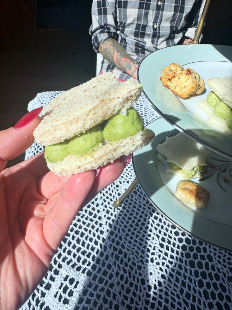 Cat-shaped vegan pea and mint finning in finger sandwich from the Vegan Dollhouse tea party.