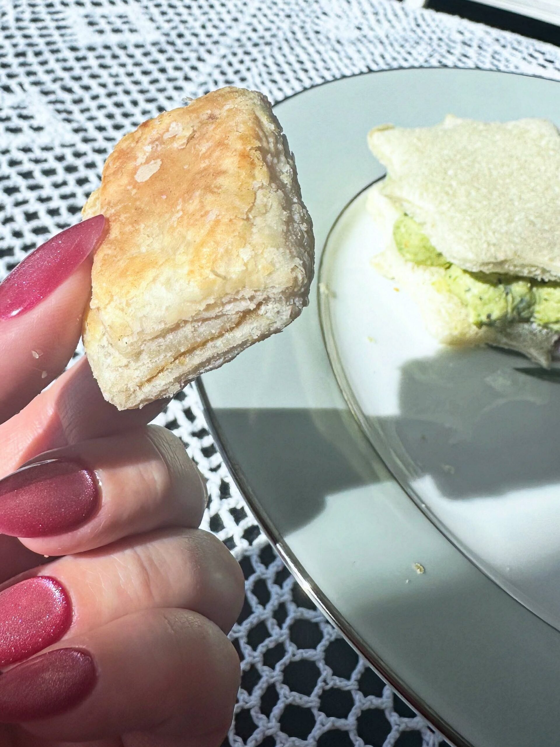 Flaky vegan sausage roll served at the Vegan Dollhouse afternoon tea party.