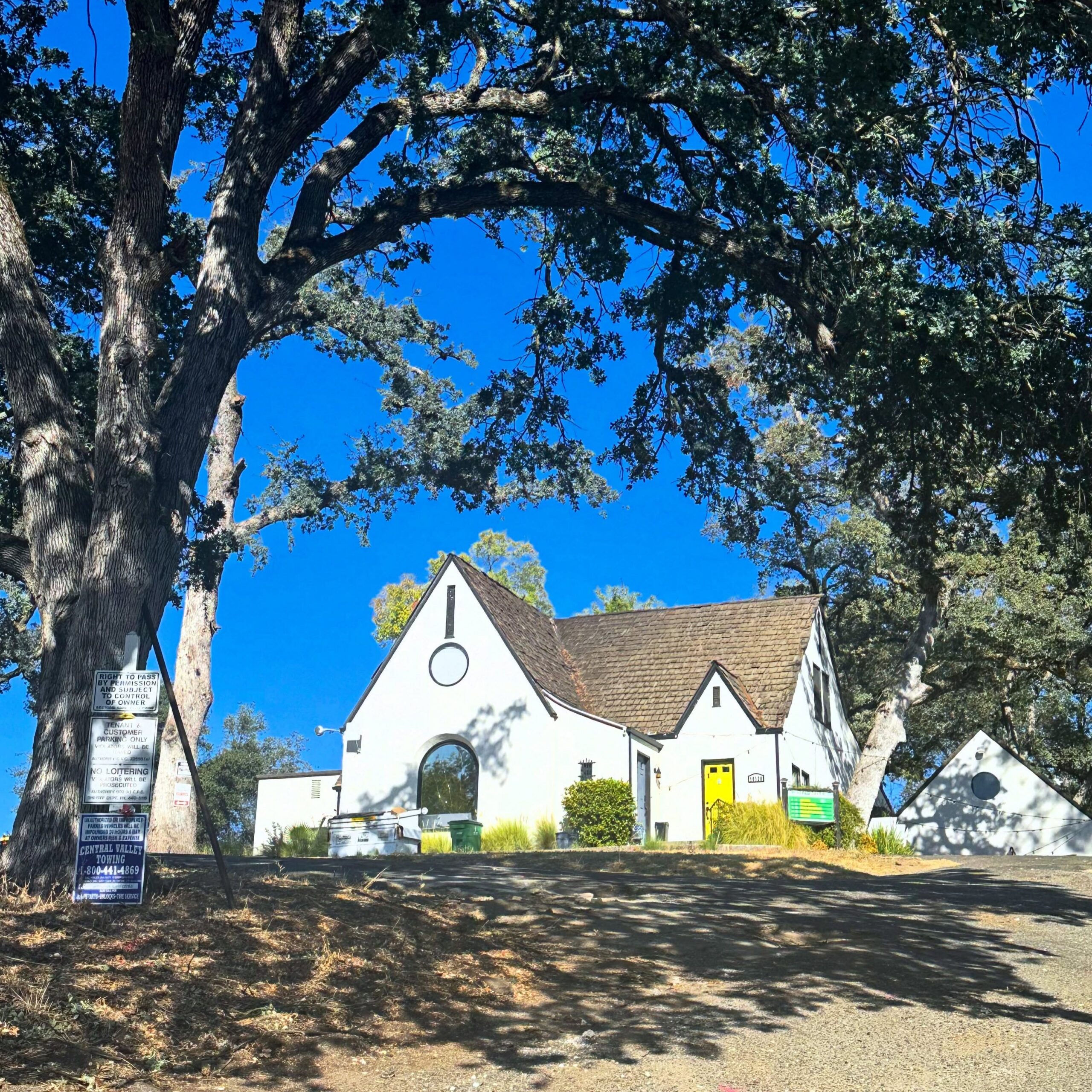 Exterior of Lady Bird Tea House in Fair Oaks, California, surrounded by large trees.