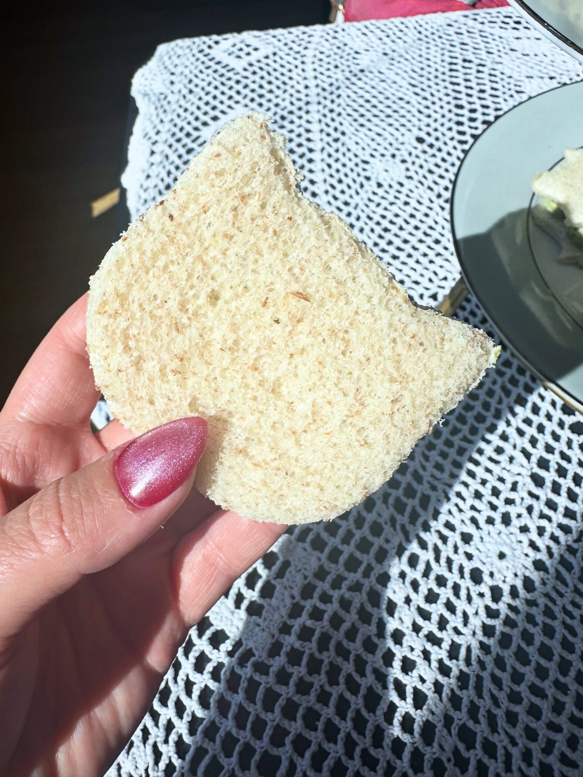 Cat-shaped vegan pea and mint finger sandwich from the Vegan Dollhouse tea party.