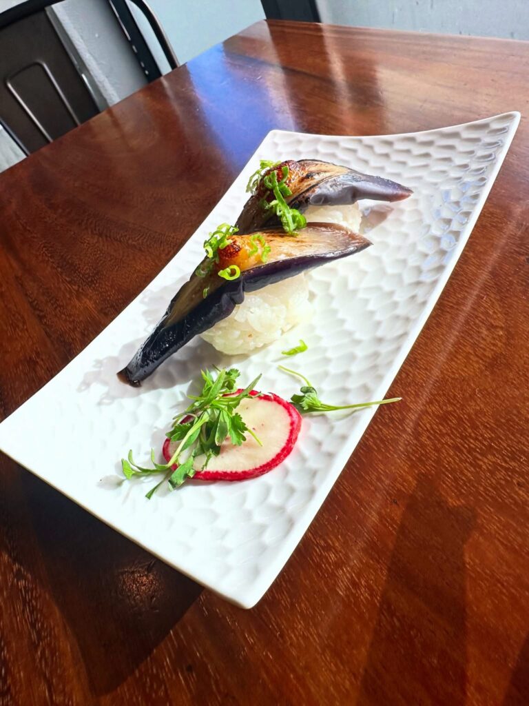 Eggplant nigiri with saikyo miso and scallions at Tane Vegan Izakaya
