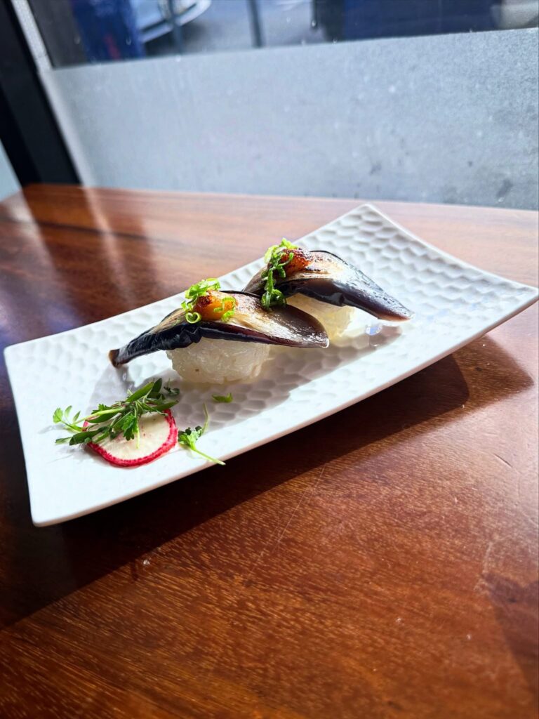 Eggplant nigiri with saikyo miso and scallions at Tane Vegan Izakaya