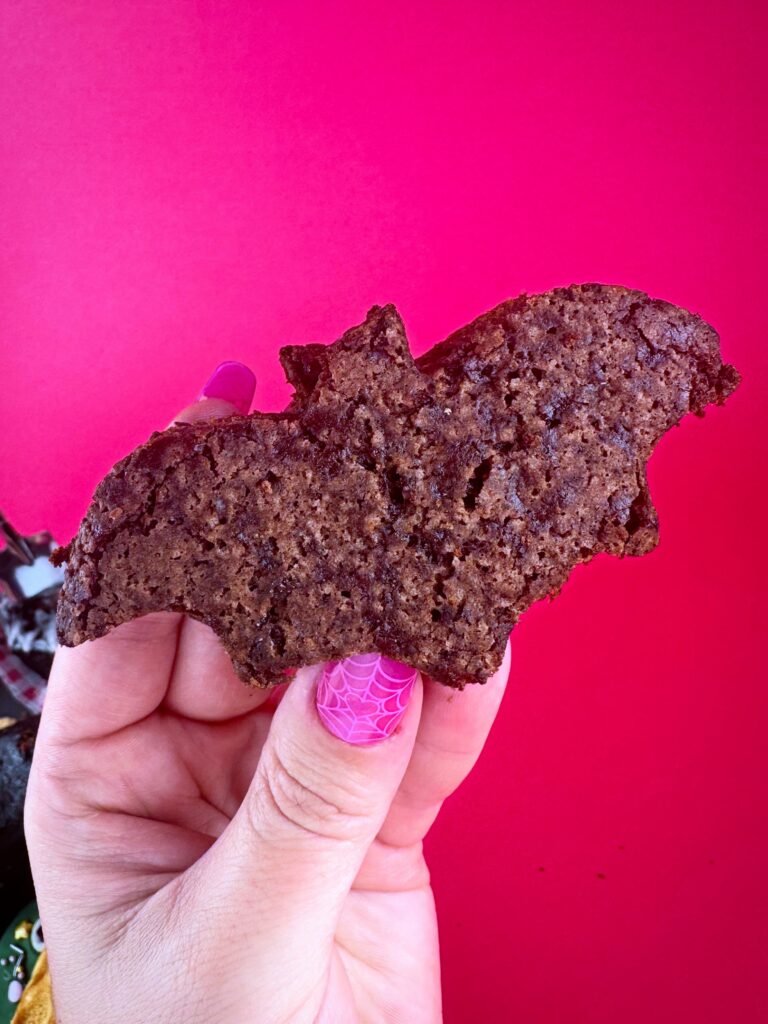 Bat-shaped vegan chocolate brownie from Vegan Dollhouse's Halloween Market.